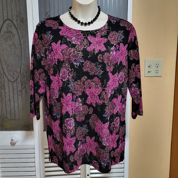JM Collection Ladies Beautiful Floral Scoop Neck Blouse - Picture 1 of 7